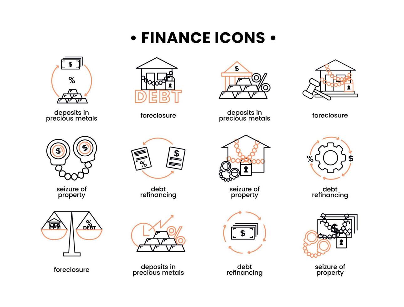 Finance. Vector illustration set of icons seizure of property, foreclosure, debt refinancing, deposits in precious metals