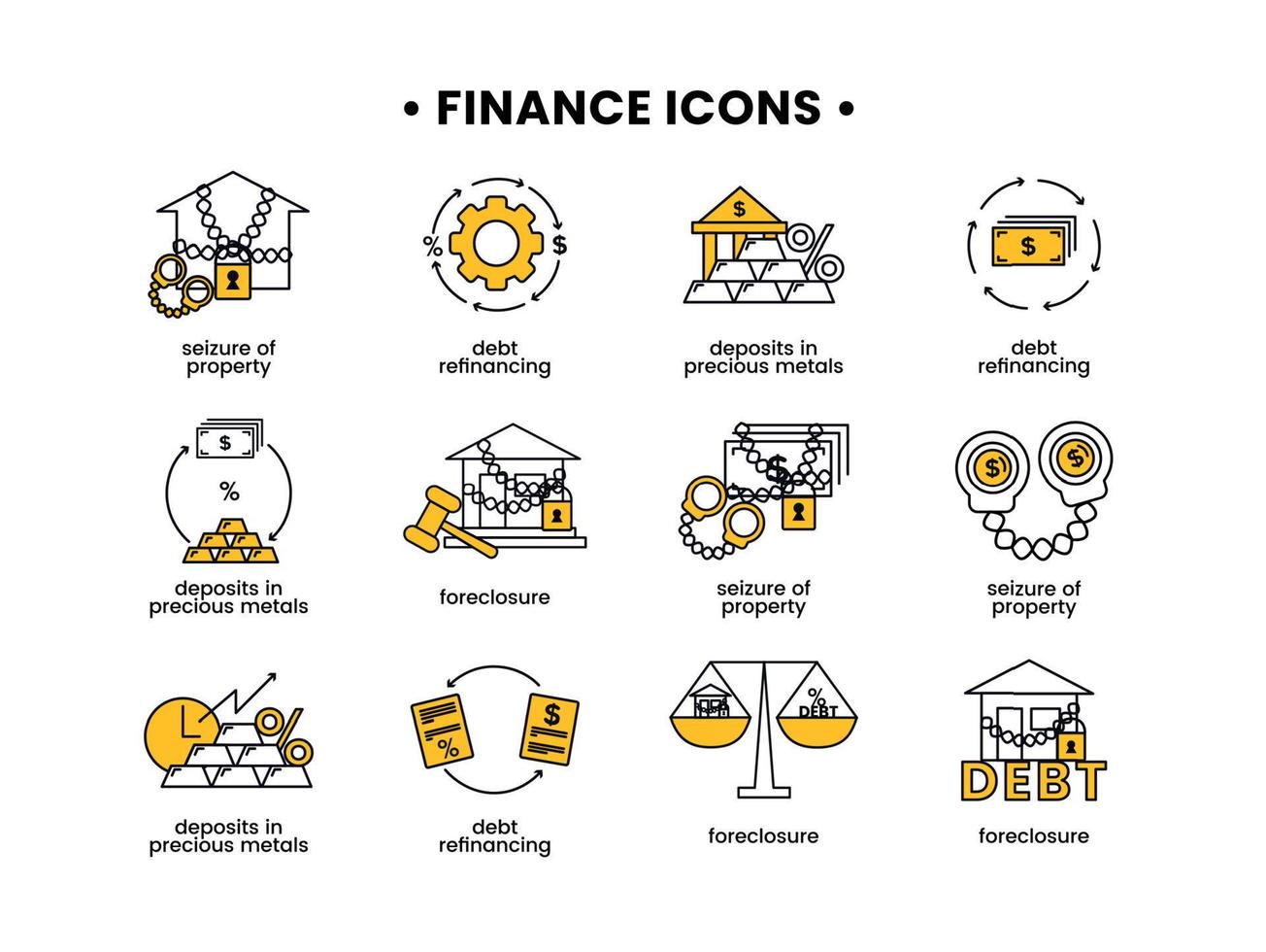 Finance. Vector illustration set of icons seizure of property, foreclosure, debt refinancing, deposits in precious metals