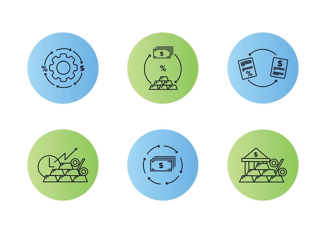 Finance. Vector illustration set of debt refinancing icons, deposits in precious metals