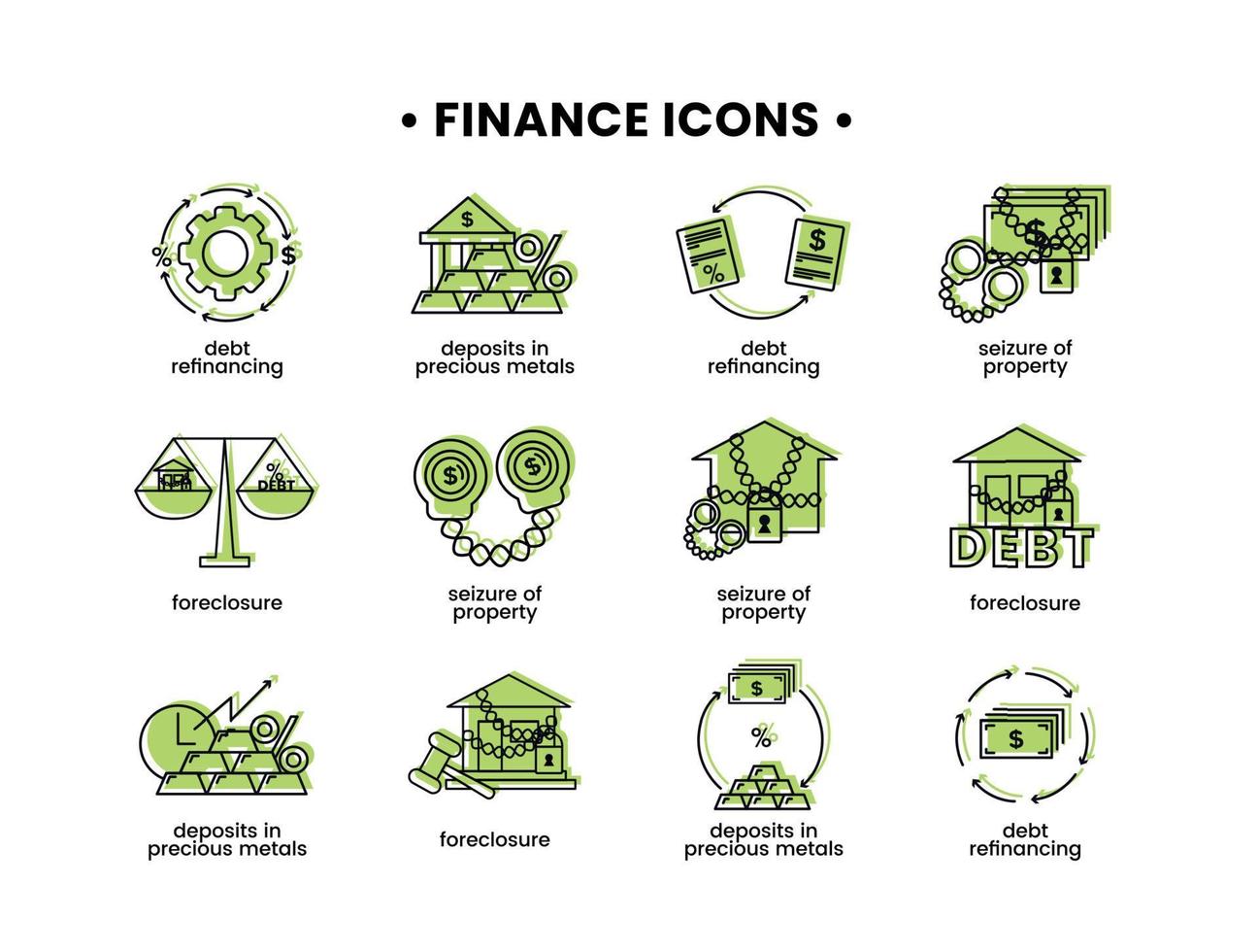 Finance. Vector illustration set of icons seizure of property, foreclosure, debt refinancing, deposits in precious metals