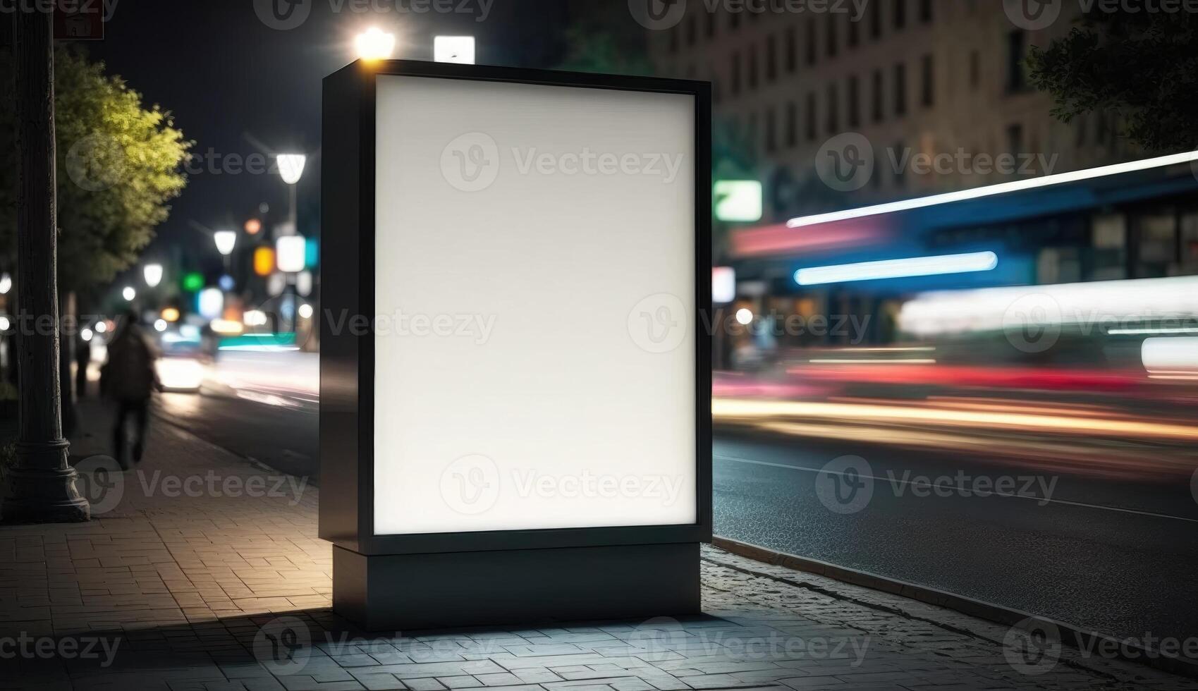 blank billboard mockup for advertising in the city, night view, bokeh effect photo