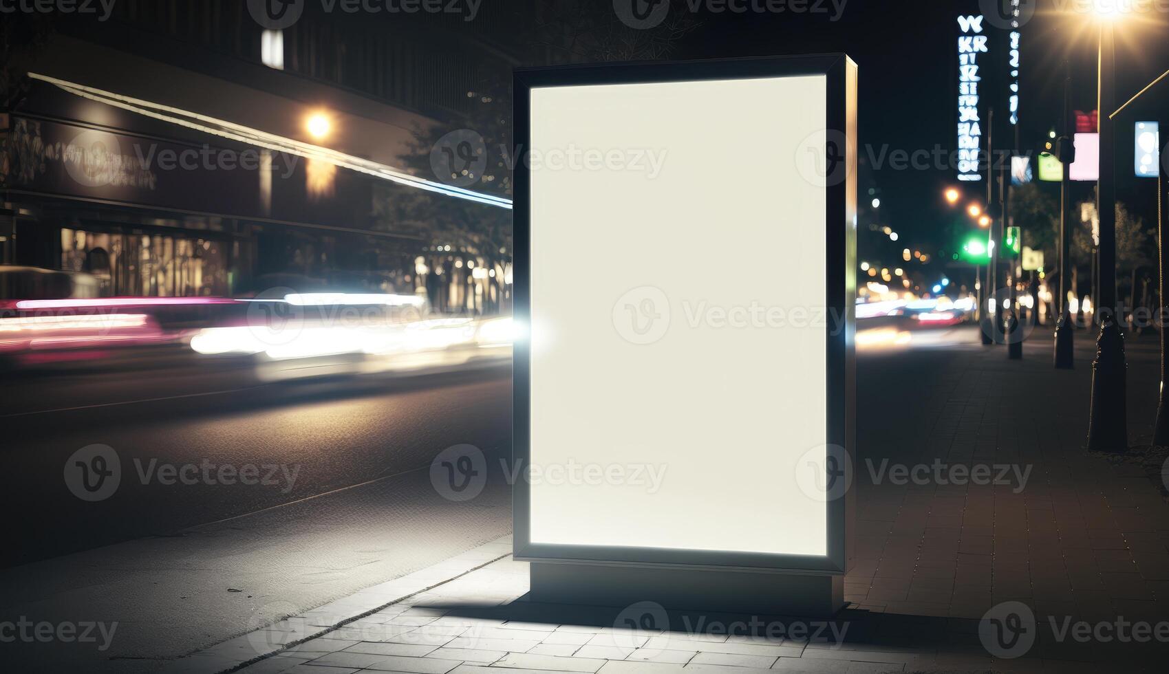 blank billboard mockup for advertising in the city, night view, bokeh effect photo