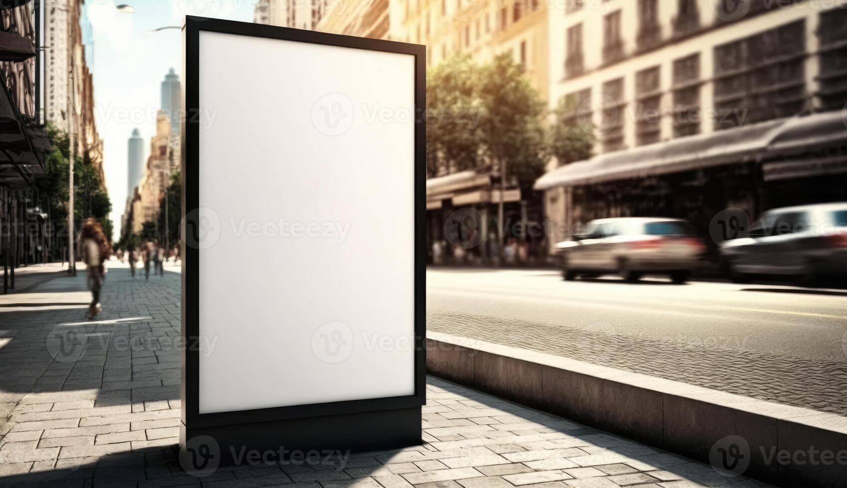blanco cartelera Bosquejo para publicidad en el ciudad, puesta de sol ver foto