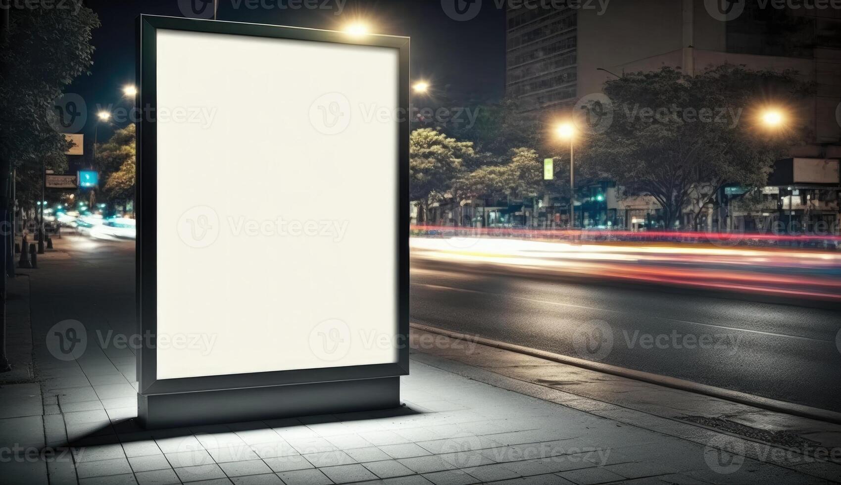 blanco cartelera Bosquejo para publicidad en el ciudad, noche vista, bokeh efecto foto