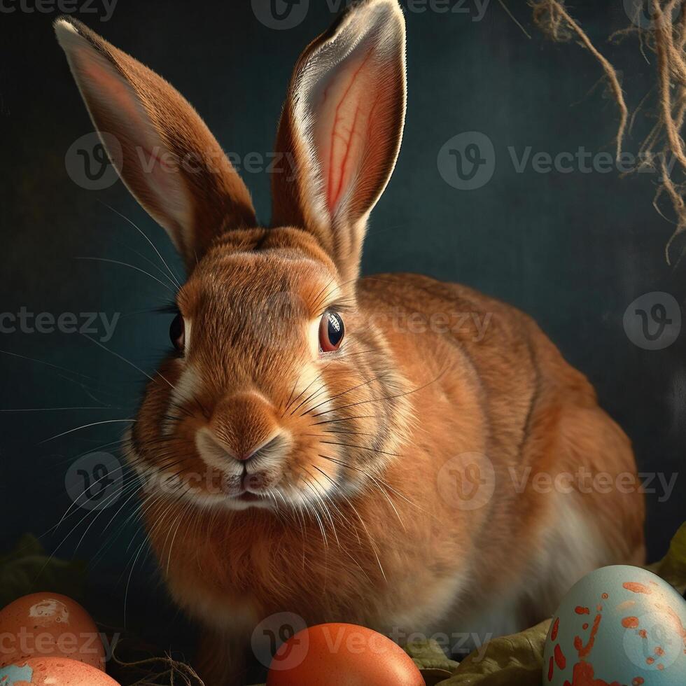 Red Easter Bunny with colorful eggs photo
