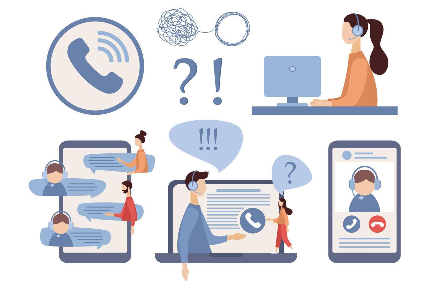 Customer service icon set. Call center, Online support concept. Hotline operator in headset consults client. Vector flat illustration