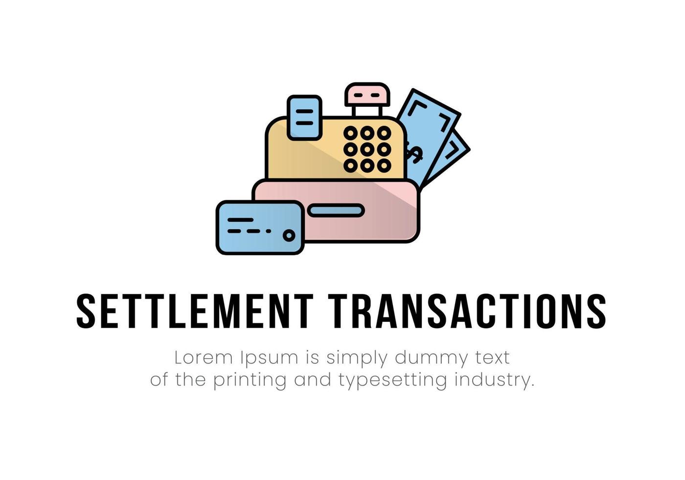 Finance. Vector illustration of a logo of settlement operations. Cash register, next to it is a map and dollar bills, under it is the inscription settlement transactions