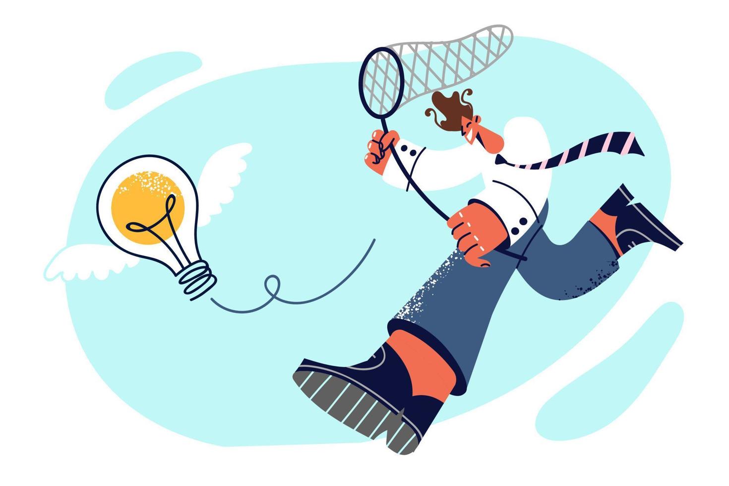Man in business clothes with butterfly net runs after light bulb with wings, symbolizing search for new ideas. Search non-standard ideas for business and entrepreneurial imagination concept vector