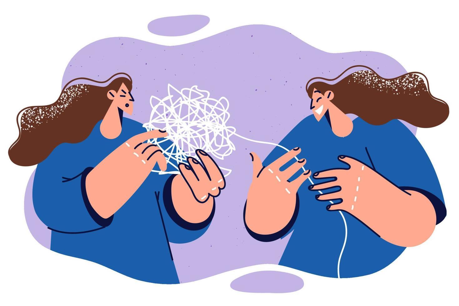 Laughing woman near psychotherapist holding bundle of tangled threads symbolizing unresolved psychological problems. Girl is confused and needs help of psychotherapist because of chaos in thoughts vector