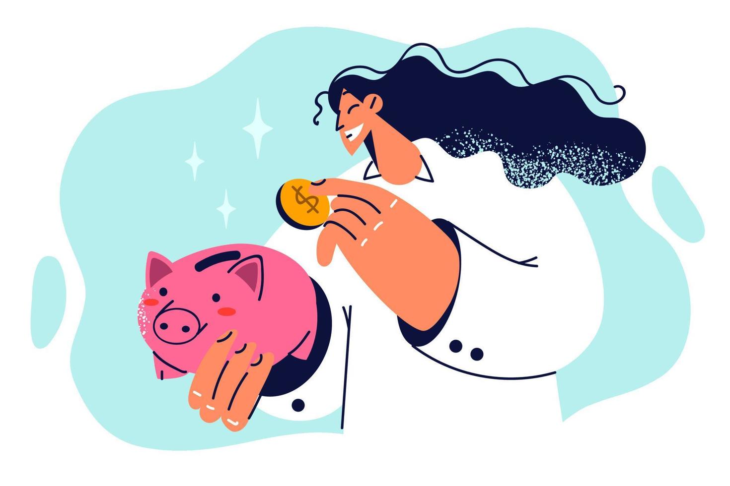 Woman tosses coin into piggy bank to save money for education or purchase of own property in future. Girl wants to become rich and successful, so she collects money in piggy bank symbolizing deposit vector