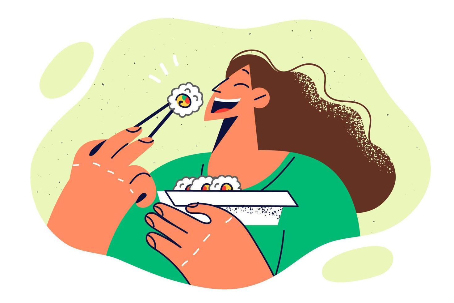 Satisfied woman with Chinese chopsticks eats rice and fish maki rolls ordered in restaurant with Japanese cuisine menu. Girl holding plate with japanese snack sushi and rolls during lunch break vector