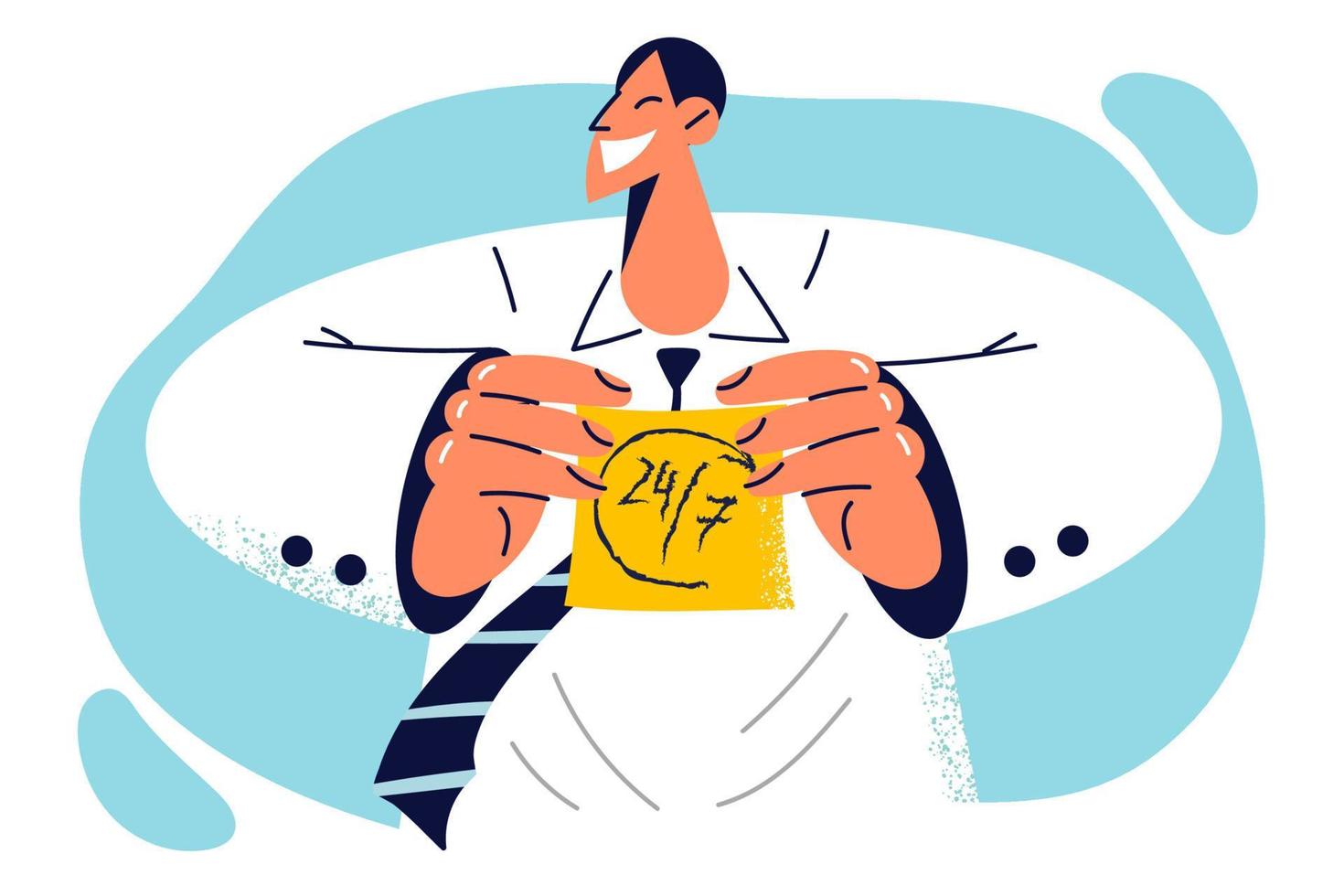 Positive man showing sticker with text 24 by 7 saying no break and outputs days at work. Businessman is proud of company support service working 24 by 7 without interruption to consult customers vector