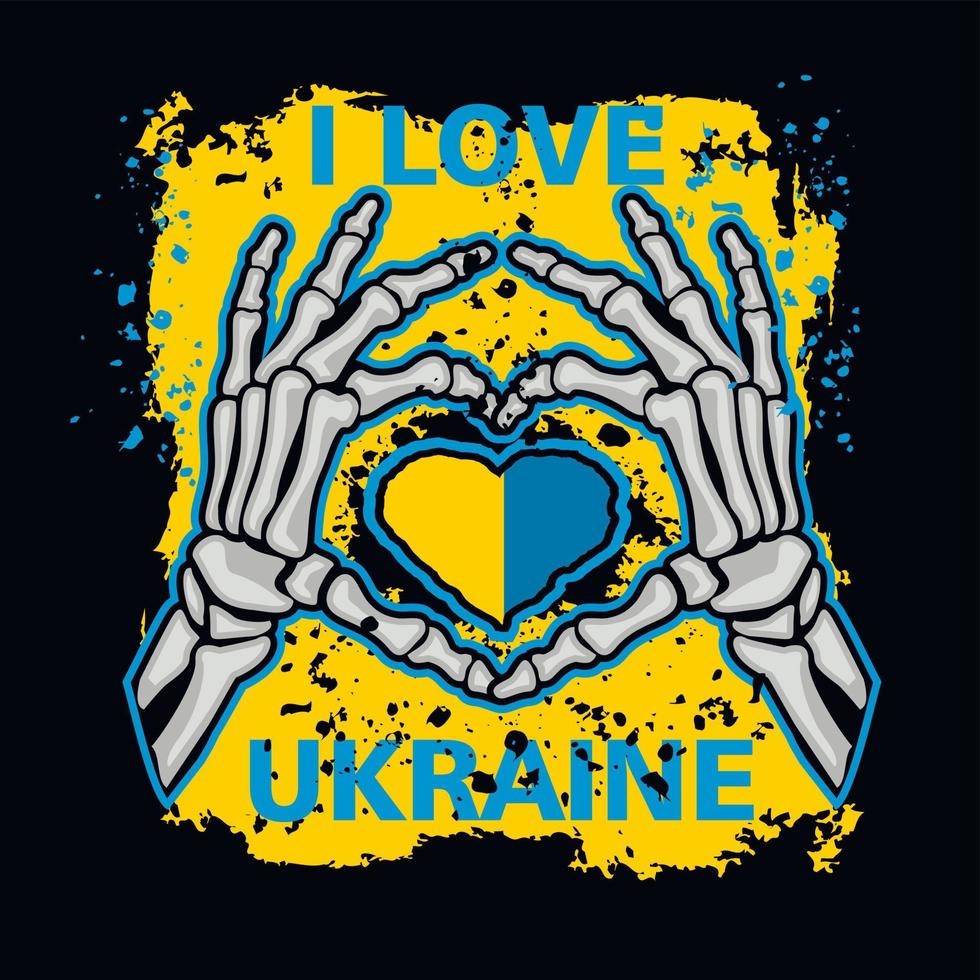 Hand heart skeleton and ukraine's flag, grunge vintage design t shirts vector