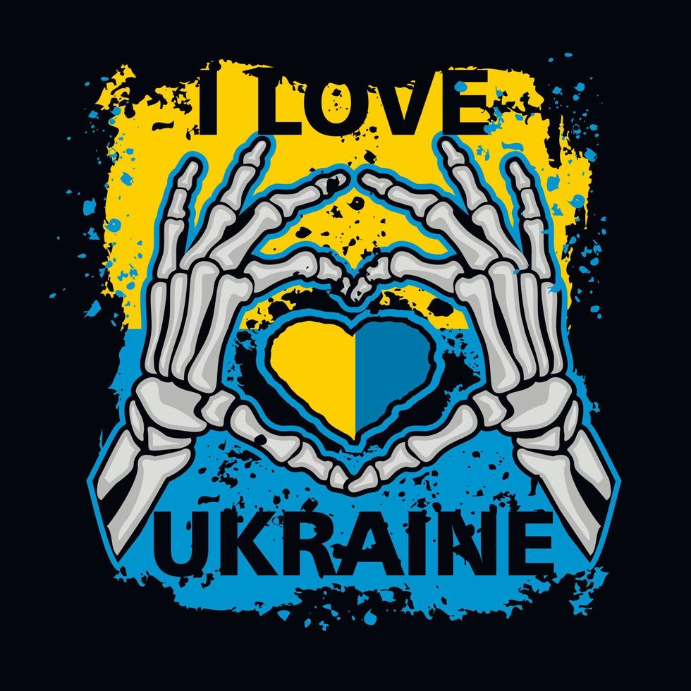 grunge, hand heart gesture skeleton and ukraine flag vector