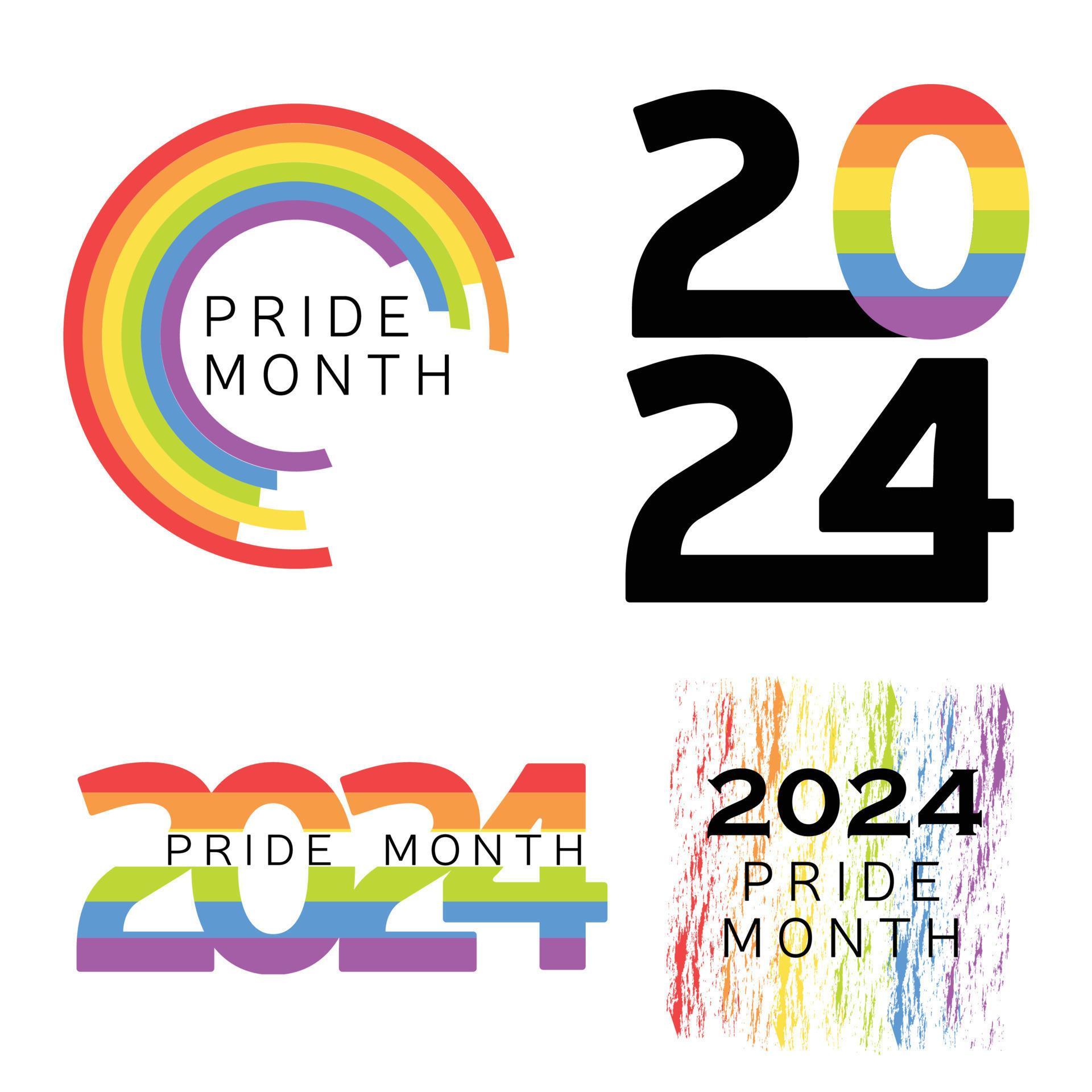 Set of symbols for 2024 Pride month. Elements with rainbow. Lgbt and