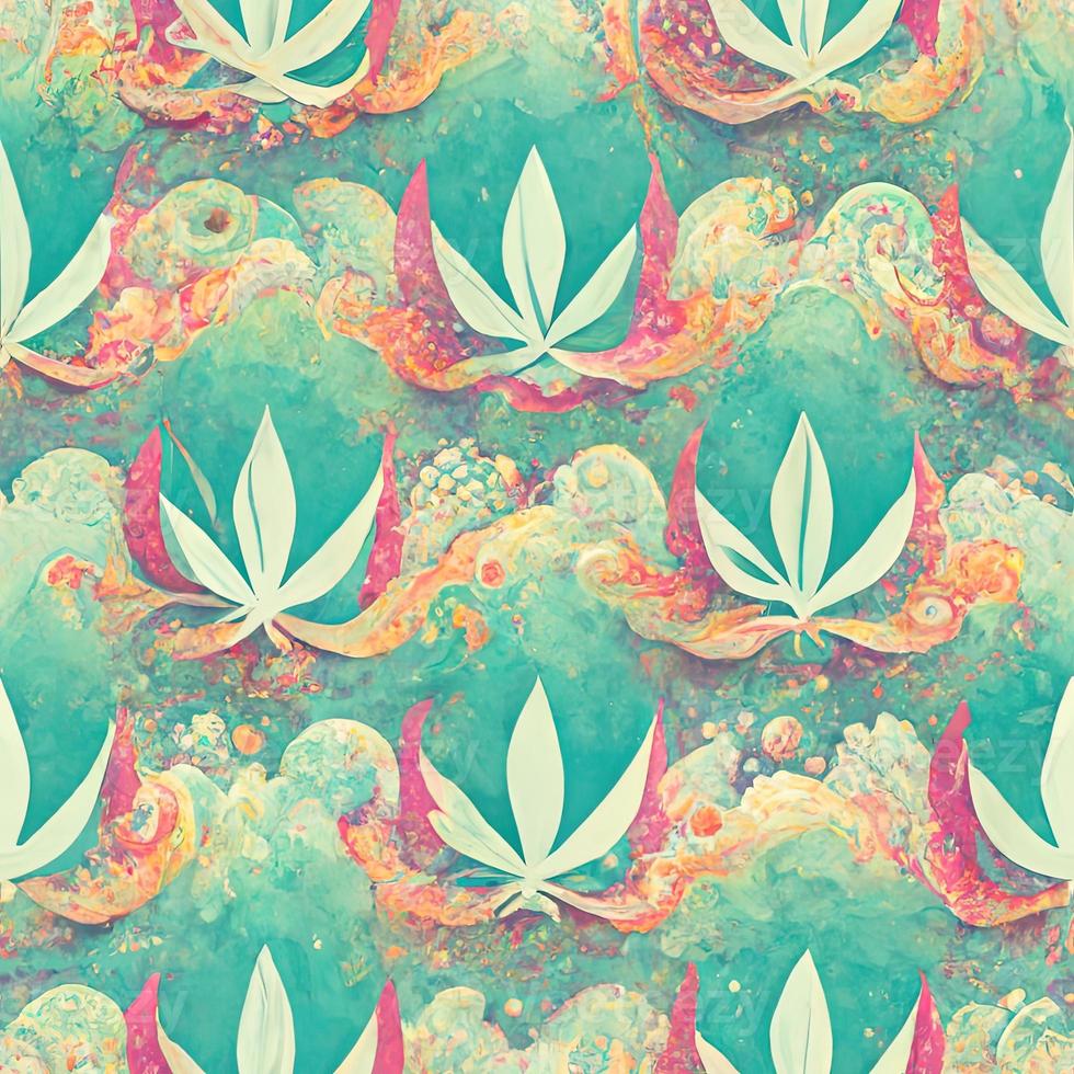bright psychedelic seamless pattern in  green tones with cannabis leaf elements. 3D illustration. Ai render. photo