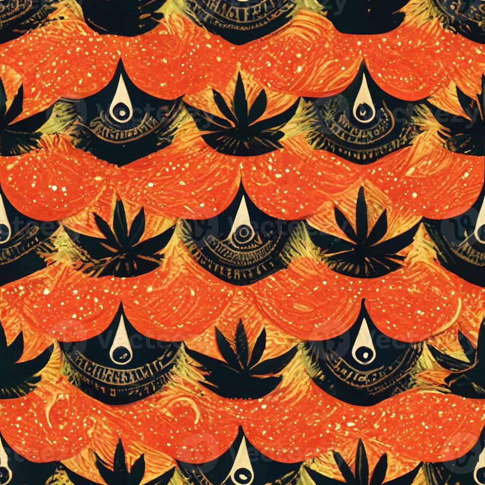 Bright psychedelic seamless pattern in orange tones with cannabis leaf elements. 3D render. Ai illustration. photo