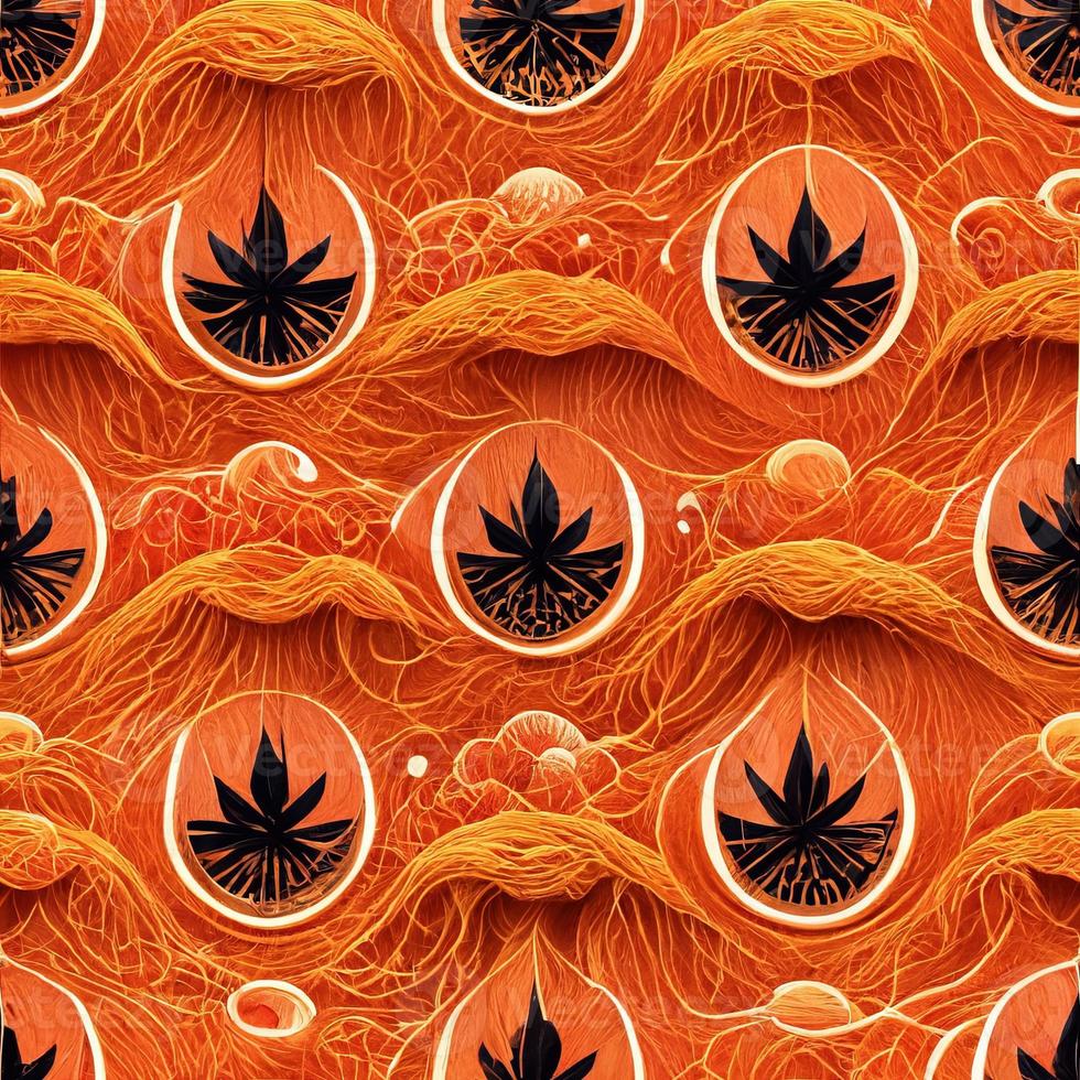 Bright psychedelic seamless pattern in orange tones with cannabis leaf elements. 3D render. Ai illustration. photo