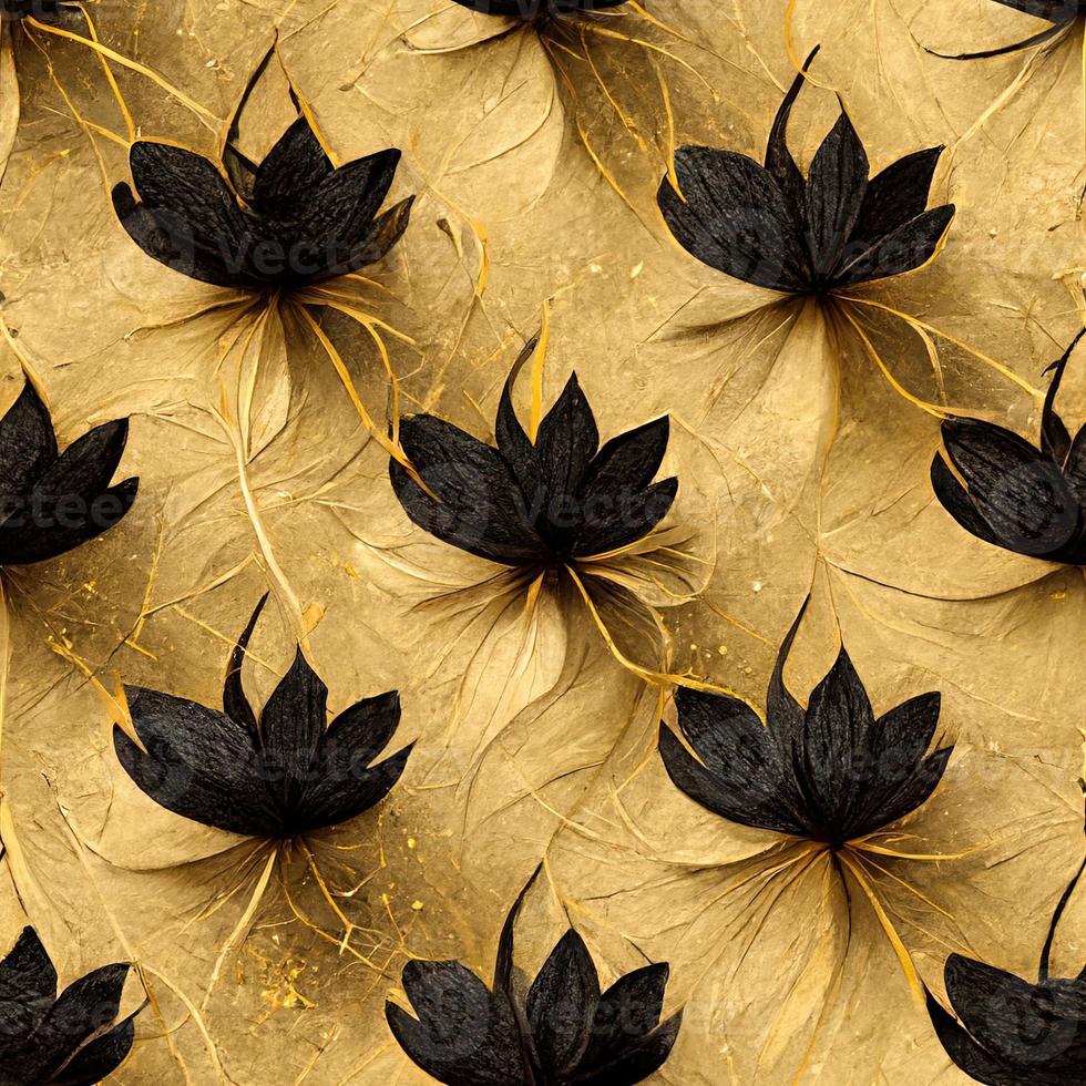 Gold with black luxury background with black leaves geometric seamless pattern. 3D  Illustration. Ai render photo