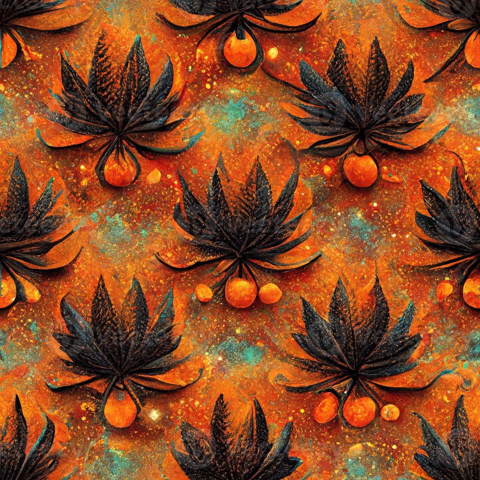 Bright psychedelic seamless pattern in orange tones with cannabis leaf elements. 3D render. Ai illustration. photo