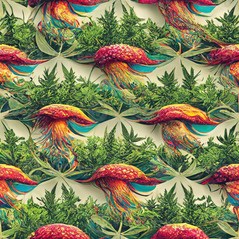 bright psychedelic seamless pattern in  green tones with cannabis leaf elements. 3D illustration. Ai render. photo