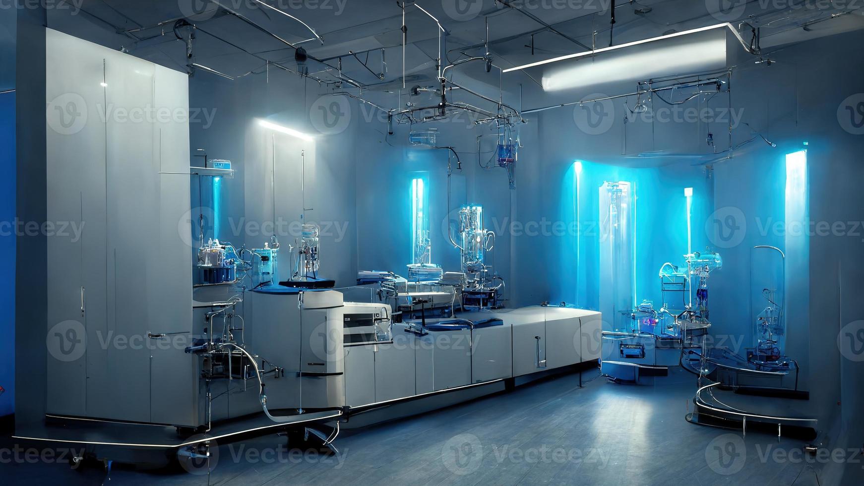 Abstract scientific medical interior blurred background. Blue light. Medical research concept. Ai render. photo