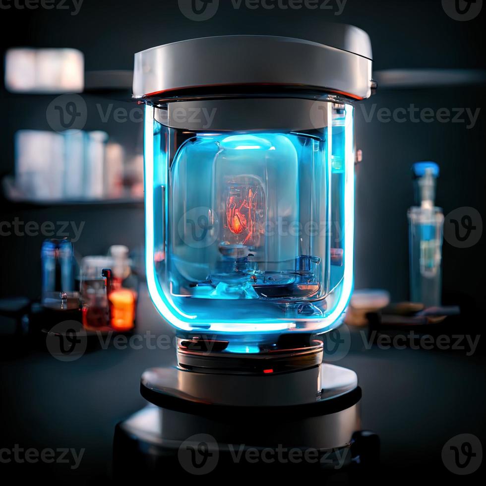 Abstract scientific medical interior blurred background. Blue light. Medical research concept. Ai render. photo