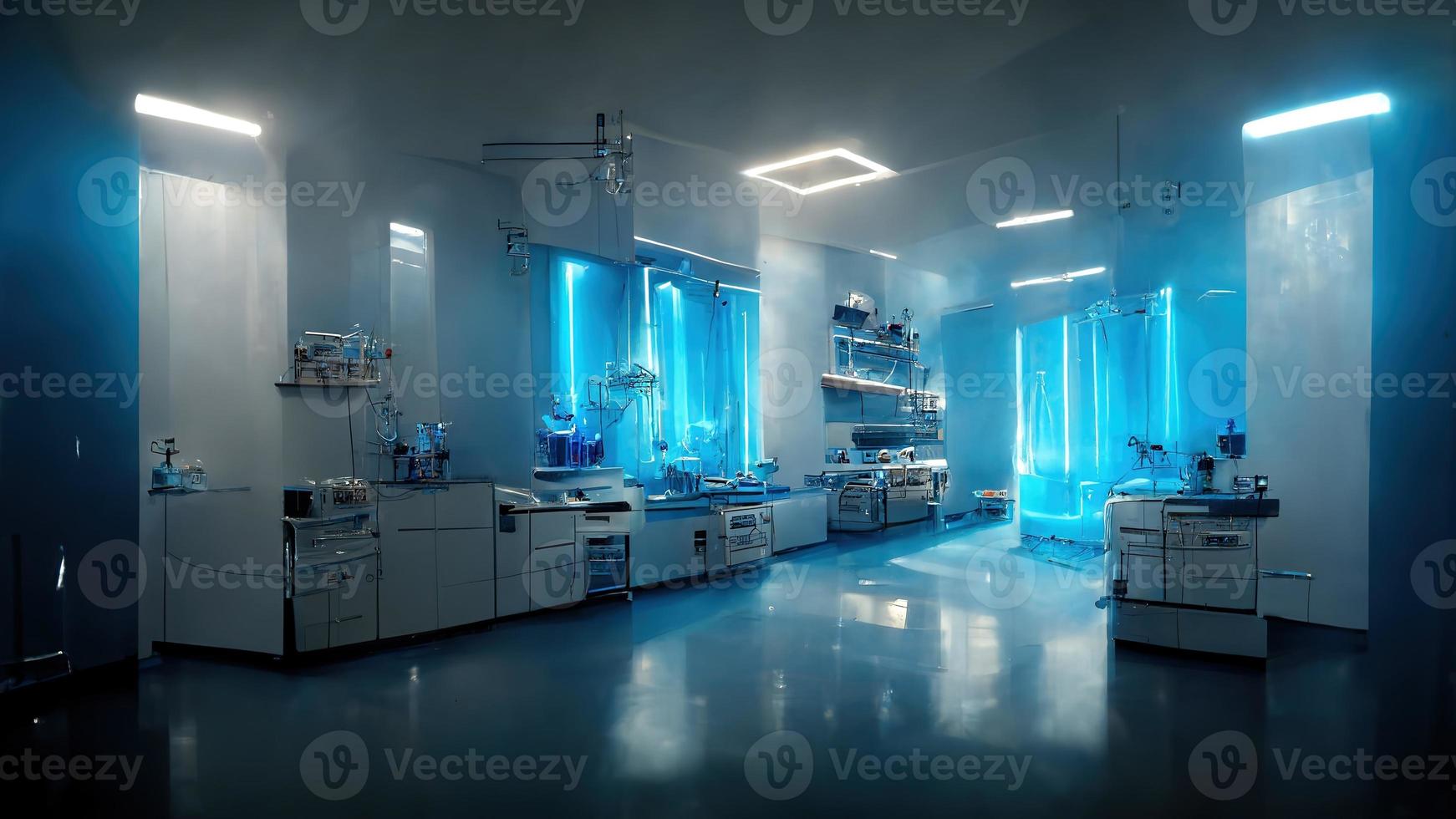 Abstract scientific medical interior blurred background. Blue light. Medical research concept. Ai render. photo