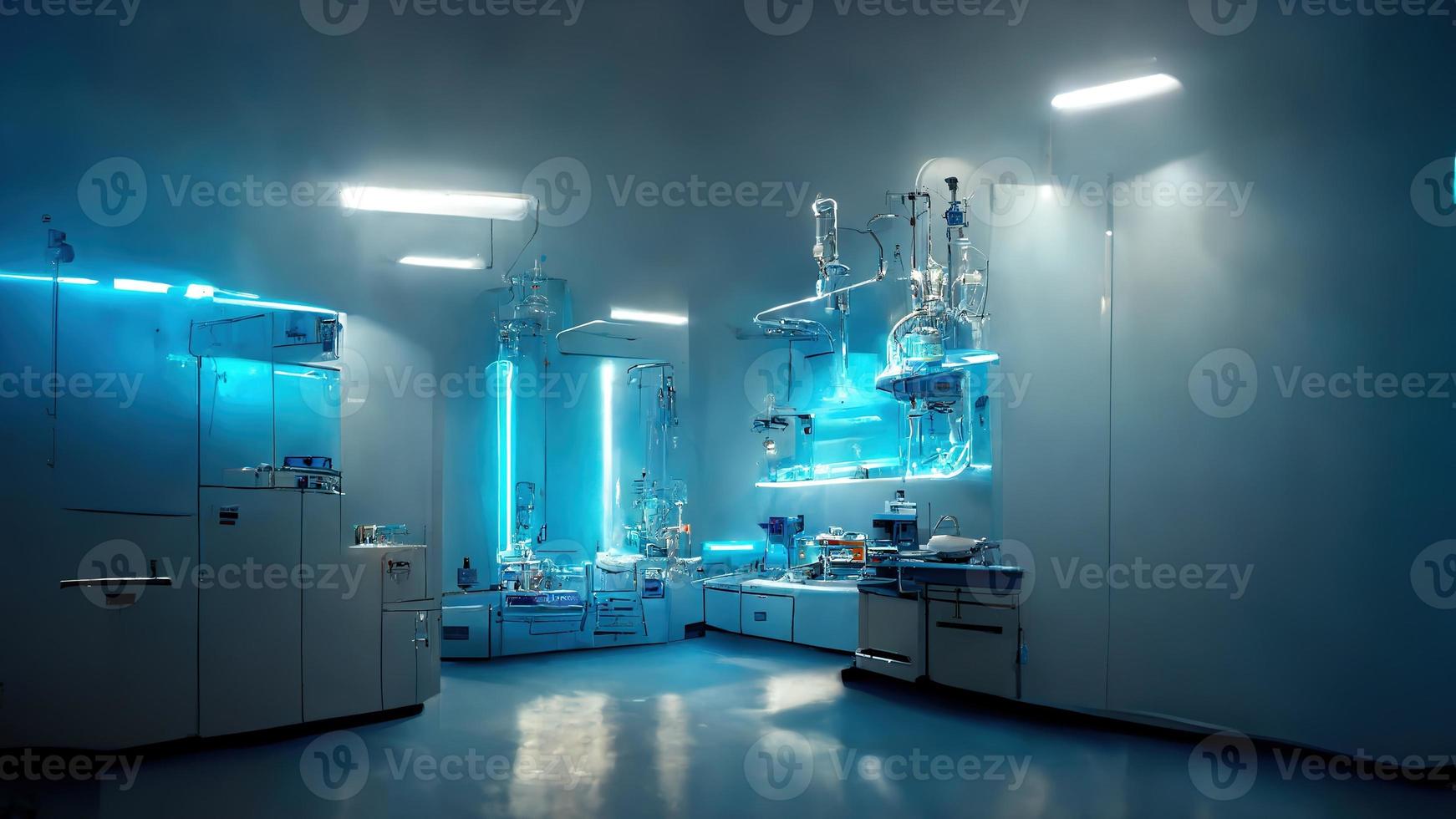 Abstract scientific medical interior blurred background. Blue light. Medical research concept. Ai render. photo