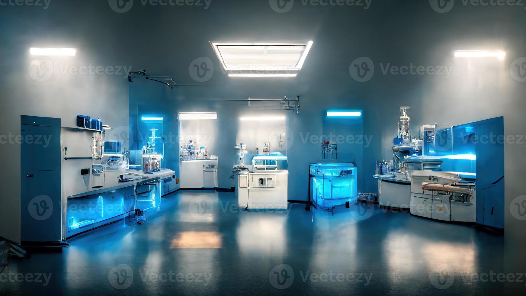 Abstract scientific medical interior blurred background. Blue light. Medical research concept. Ai render. photo