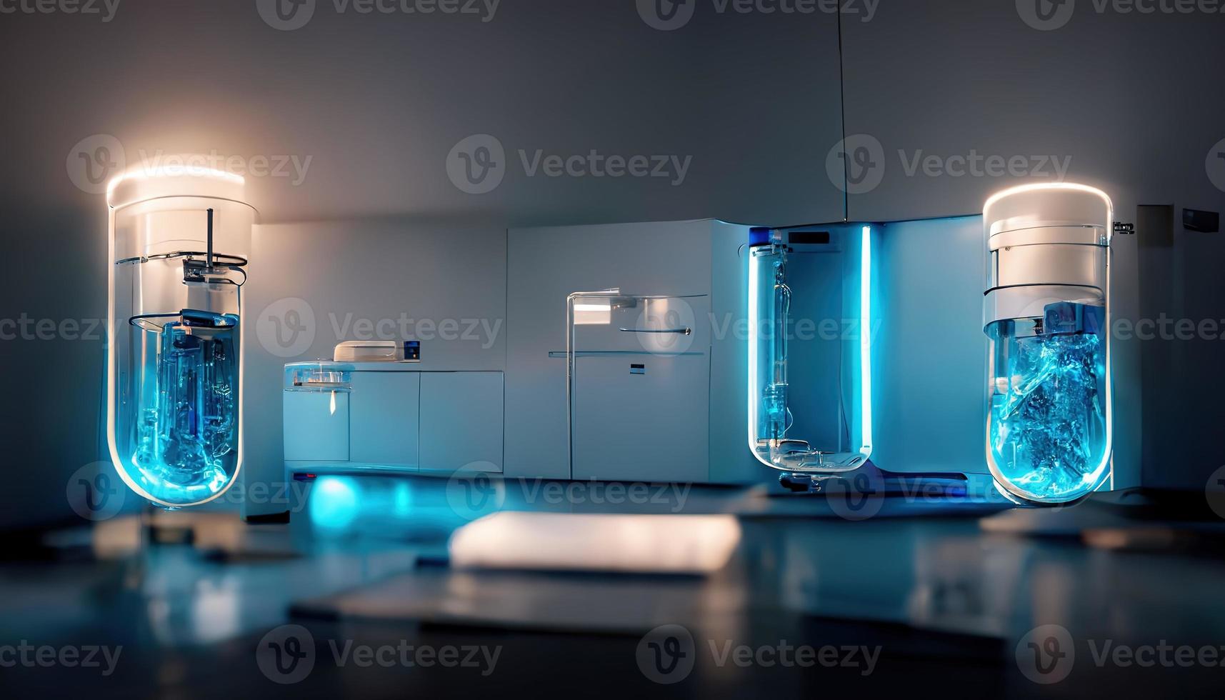 Abstract scientific medical interior blurred background. Blue light. Medical research concept. Ai render. photo