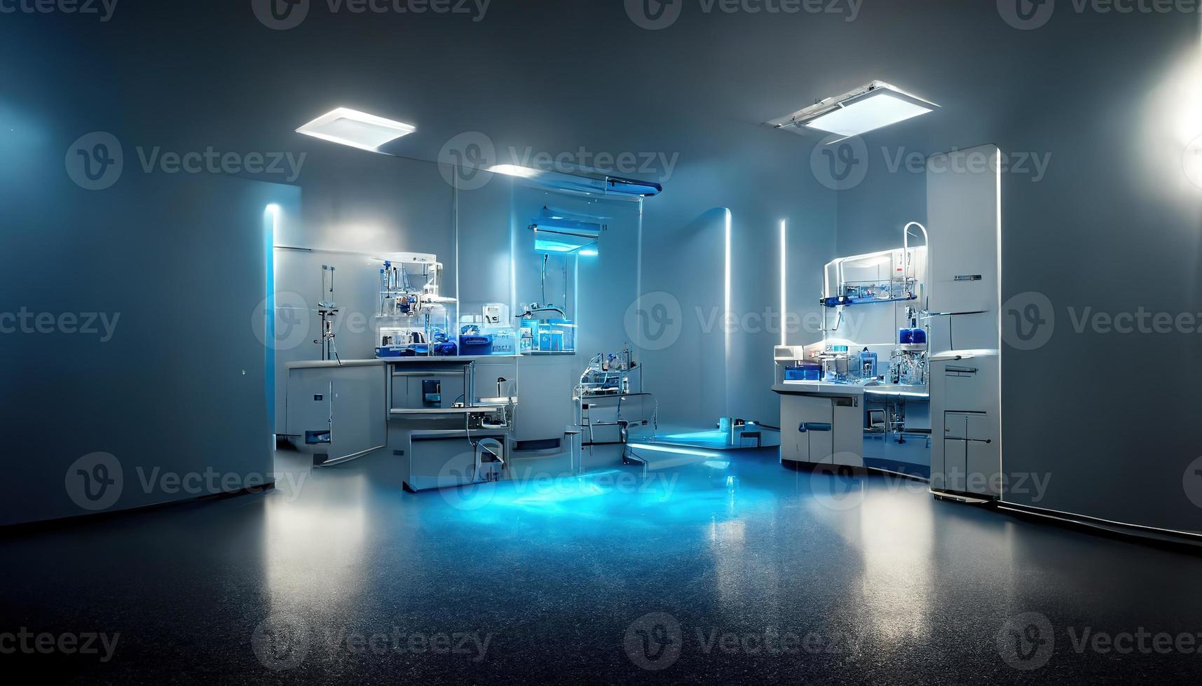 Abstract scientific medical interior blurred background. Blue light. Medical research concept. Ai render. photo