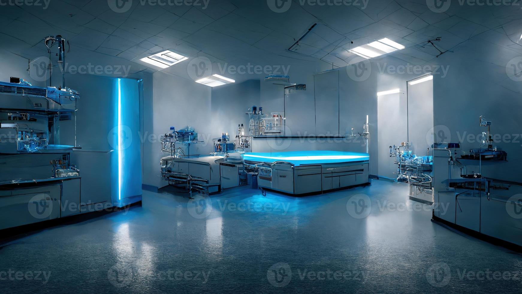 Abstract scientific medical interior blurred background. Blue light. Medical research concept. Ai render. photo