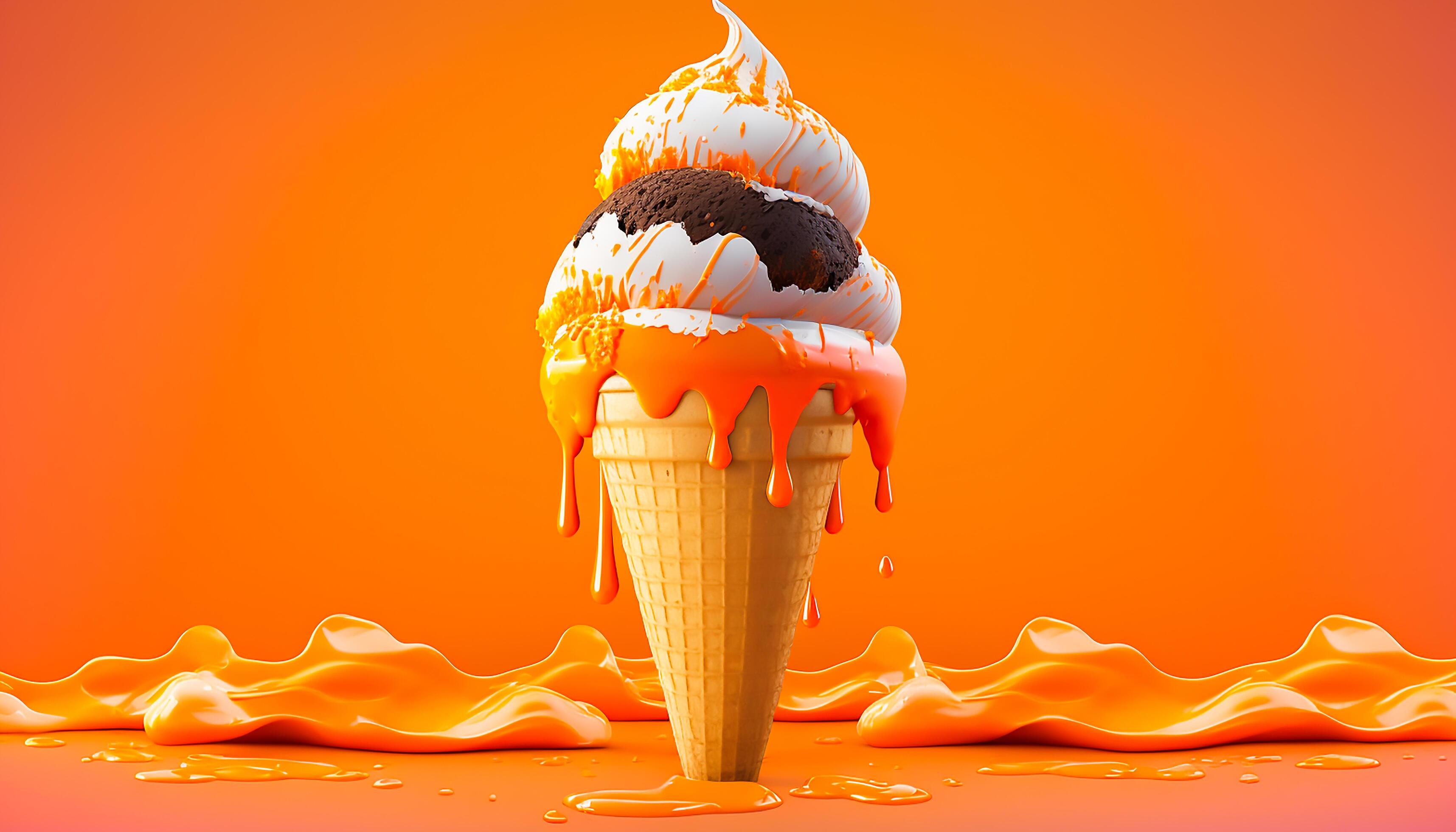 Melting ice cream cone on soft orange background in studio, Generative