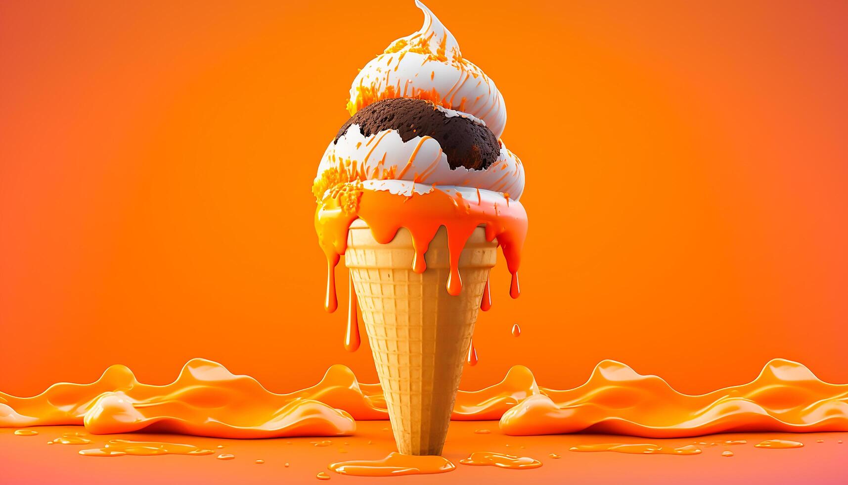 Melting ice cream cone on soft orange background in studio, Generative