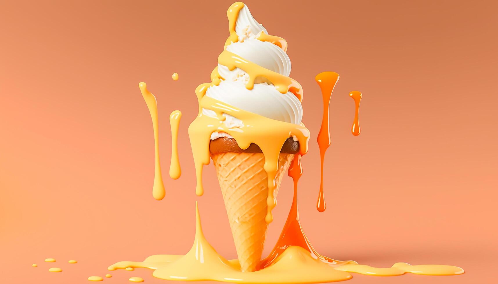 Melting ice cream cone on soft orange background in studio, photo