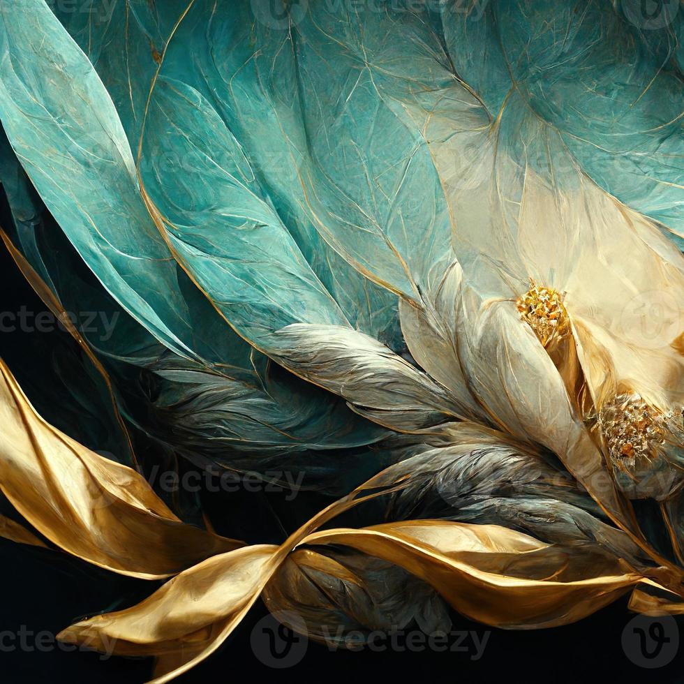 Delicate fabulous turquoise luxury background with magic flowers jewels and light effects. 3D illustration. Ai render photo