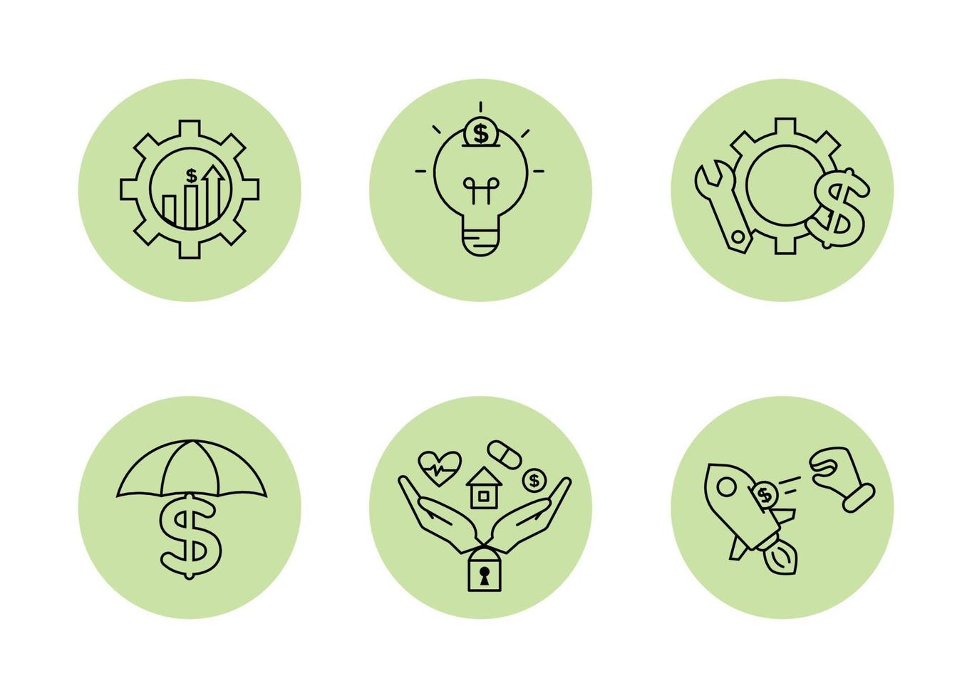 Financial services icons set. Icons insurance, venture capital, asset management. Icons gear with a mechanical key and a dollar sign, palm with a lock, a house, a heart, a tablet and a coin vector