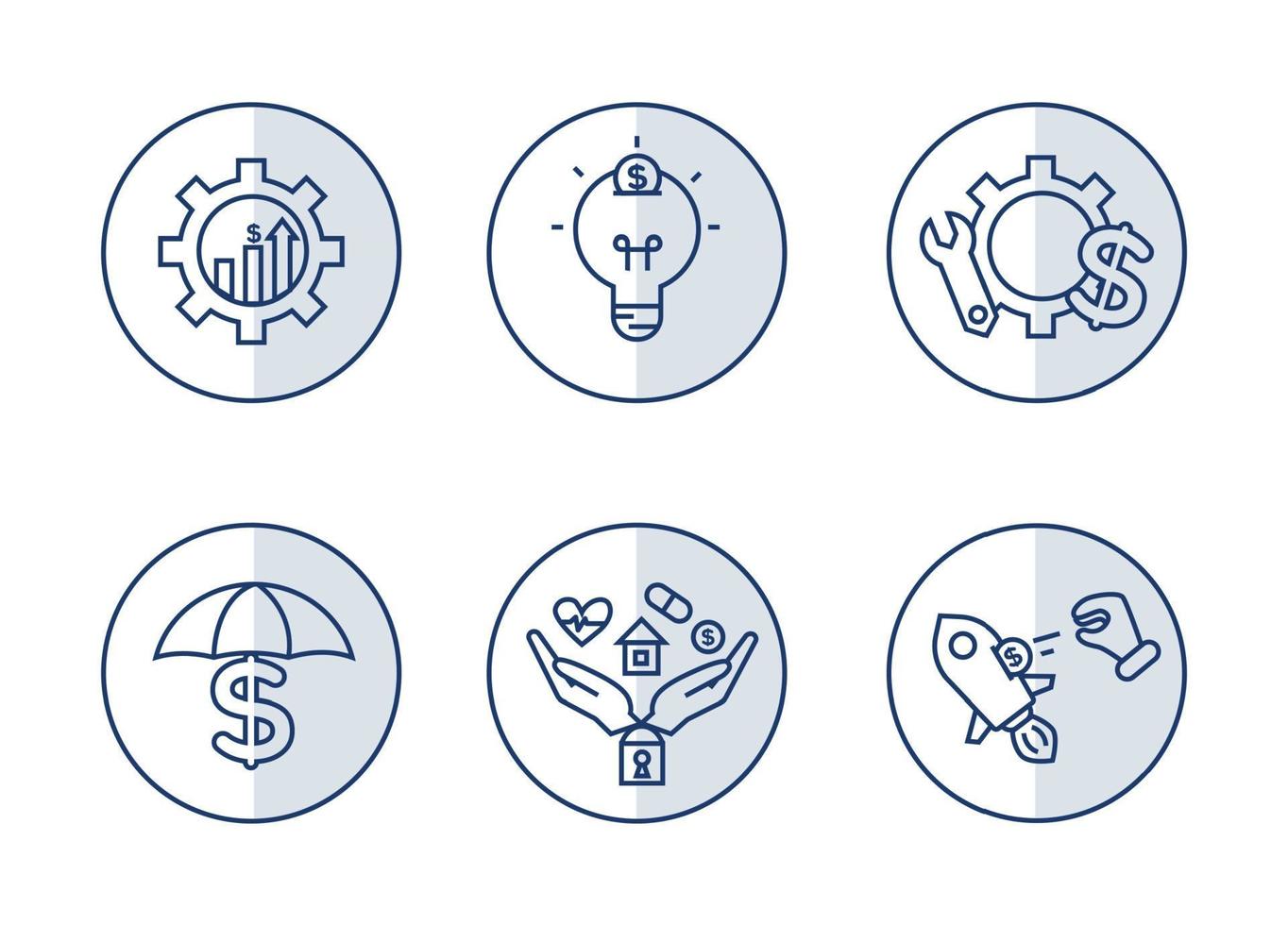 Financial services icons set. Icons insurance, venture capital, asset management. Icons gear with a mechanical key and a dollar sign, palm with a lock, a house, a heart, a tablet and a coin vector