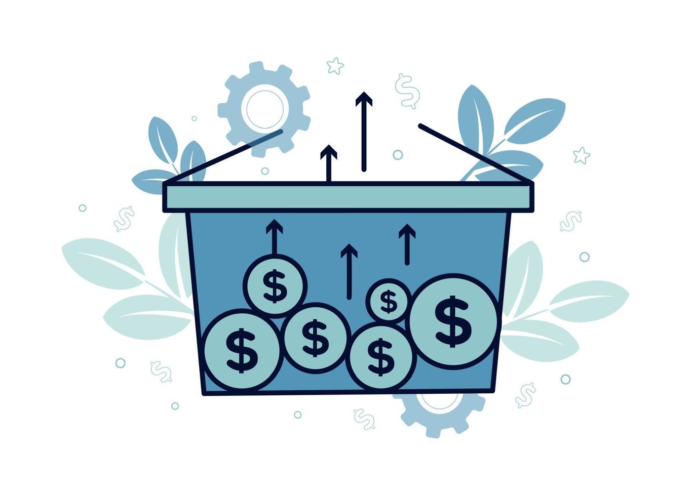 Finance illustration. Financial exchange. Shopping basket with coins and up arrows, on a background of branches with leaves, clouds, dollar sign, stars vector