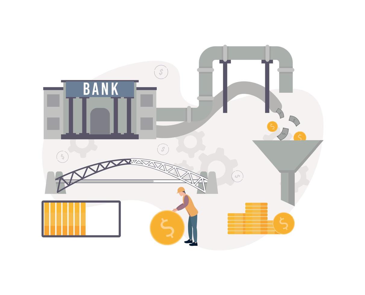 Lending to state infrastructure projects. Illustration of a bank through the pipeline, banknotes and coins come in, pour in a watering can, under which there is a stack of coins vector