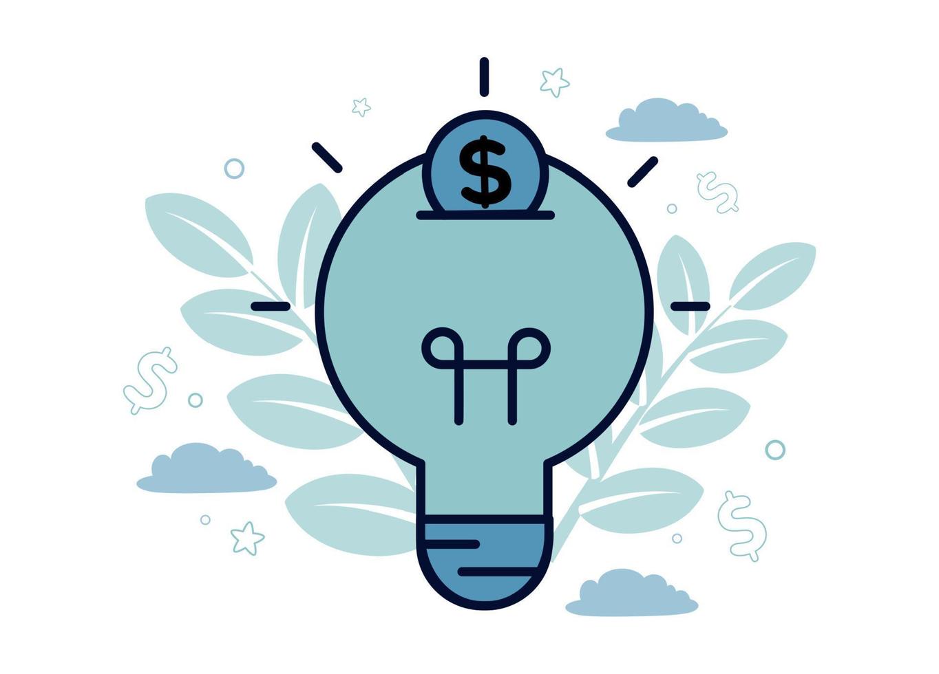 Finance. Venture capital. Financial services. Illustration of a light bulb with a coin, on a cloud background, dollar sign, star, branches with leaves vector