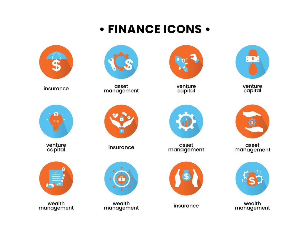 Finance icons set. Vector illustration of asset management, venture capital, insurance, wealth management icons.