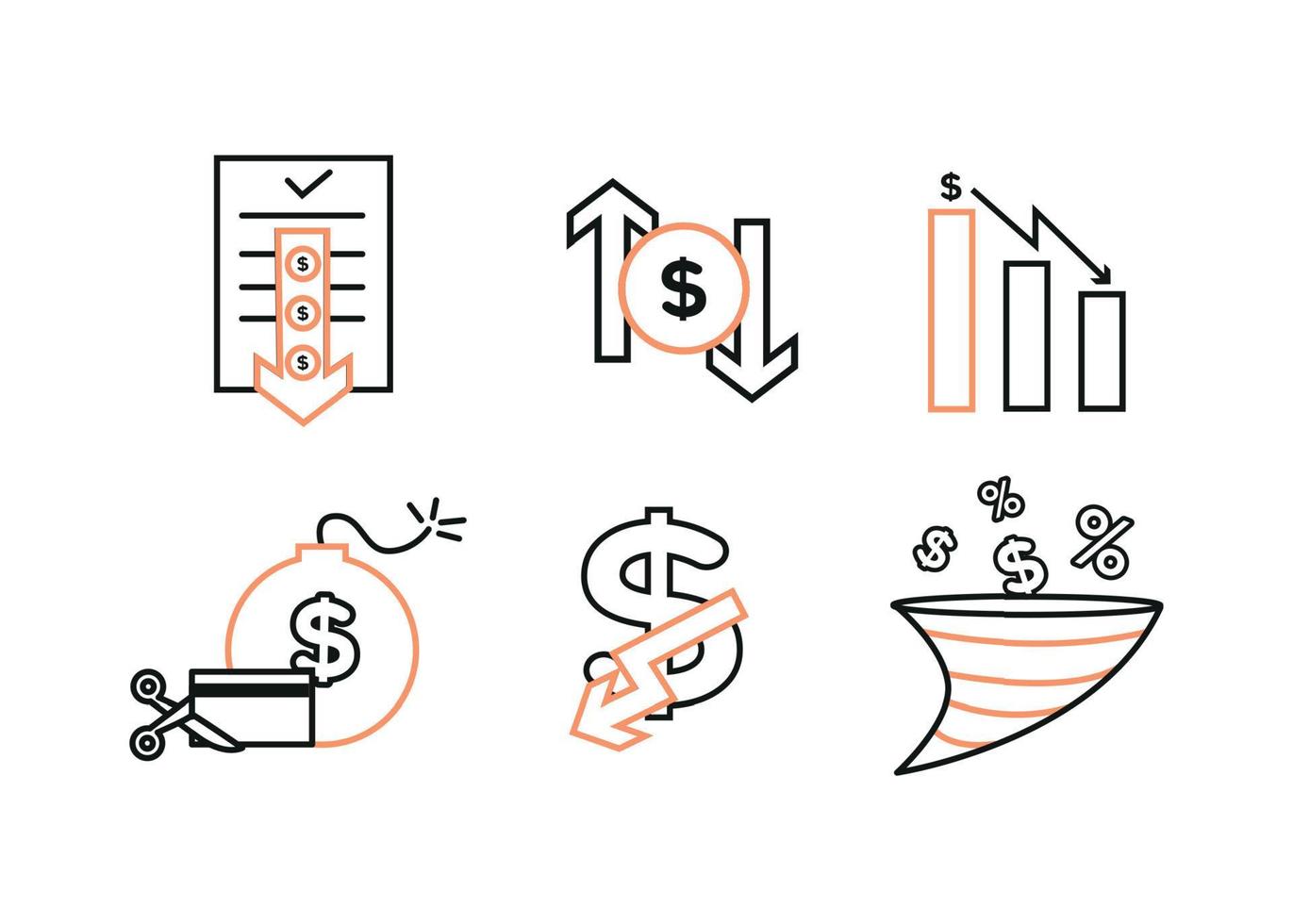 Finance icons set. Vector illustration of devaluation, default. The dollar icon on which the down arrow. Dollar icon in a round frame, on the sides of which there are up and down arrows.
