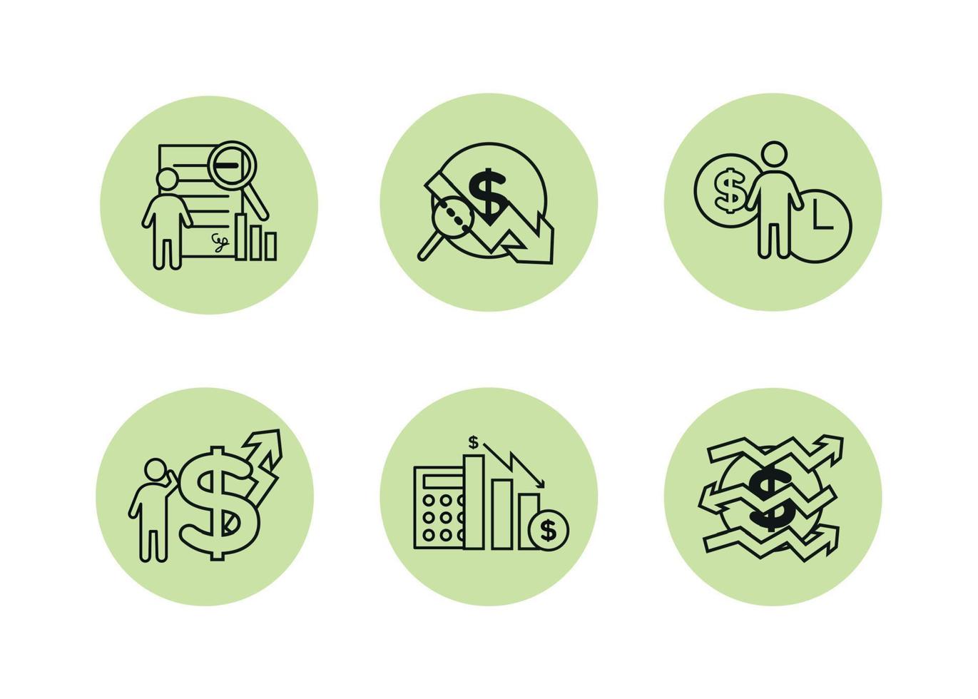 Finance icons set. Vector illustration of financial management, econometrics. A dollar sign, next to which is the silhouette of a man, followed by an up arrow.