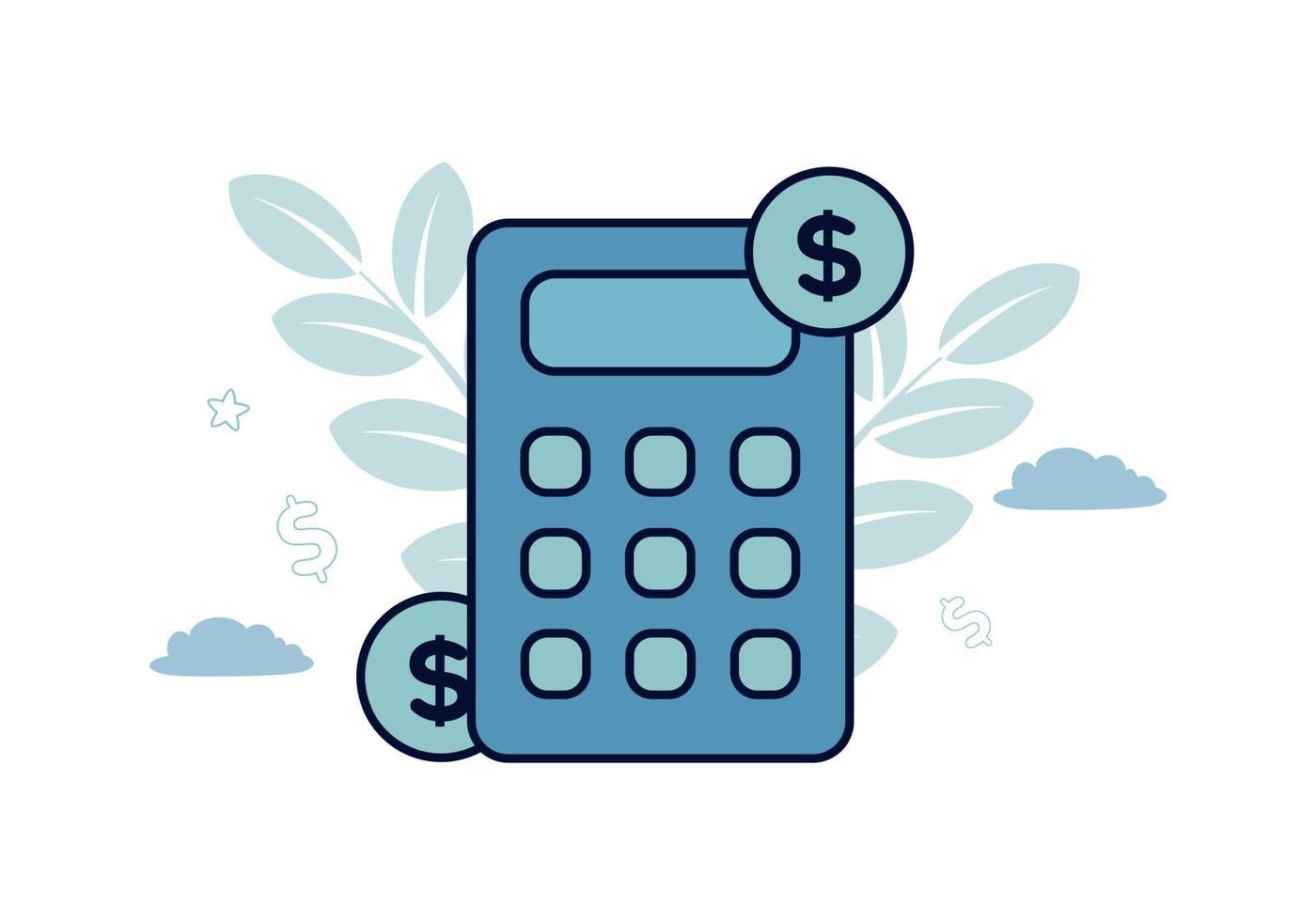 Finance. Vector illustration of accounting. Calculator, dollar coins on the sides, against the background of leaves, cloud, star