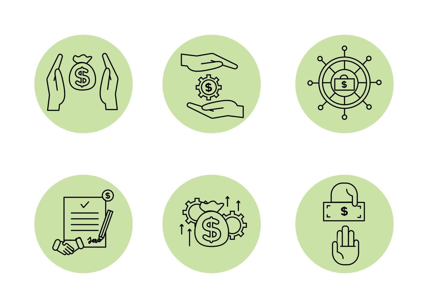 Financial services icons set. Icons asset management, wealth management, insurance, venture capital. Icons gear with a dollar between the palms, a steering wheel with a briefcase and a dollar vector