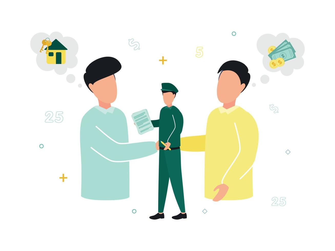 Finance. Customs broker and brokerage services. Men shake hands, near them a house with a key and money, a man in uniform with a document. Vector illustration