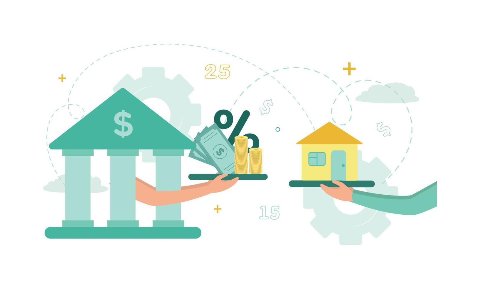 Finance. Mortgage. Hands from the bank hold a tray with bills, stacks of coins, interest, opposite the hand they hold a tray with a house. Vector illustration