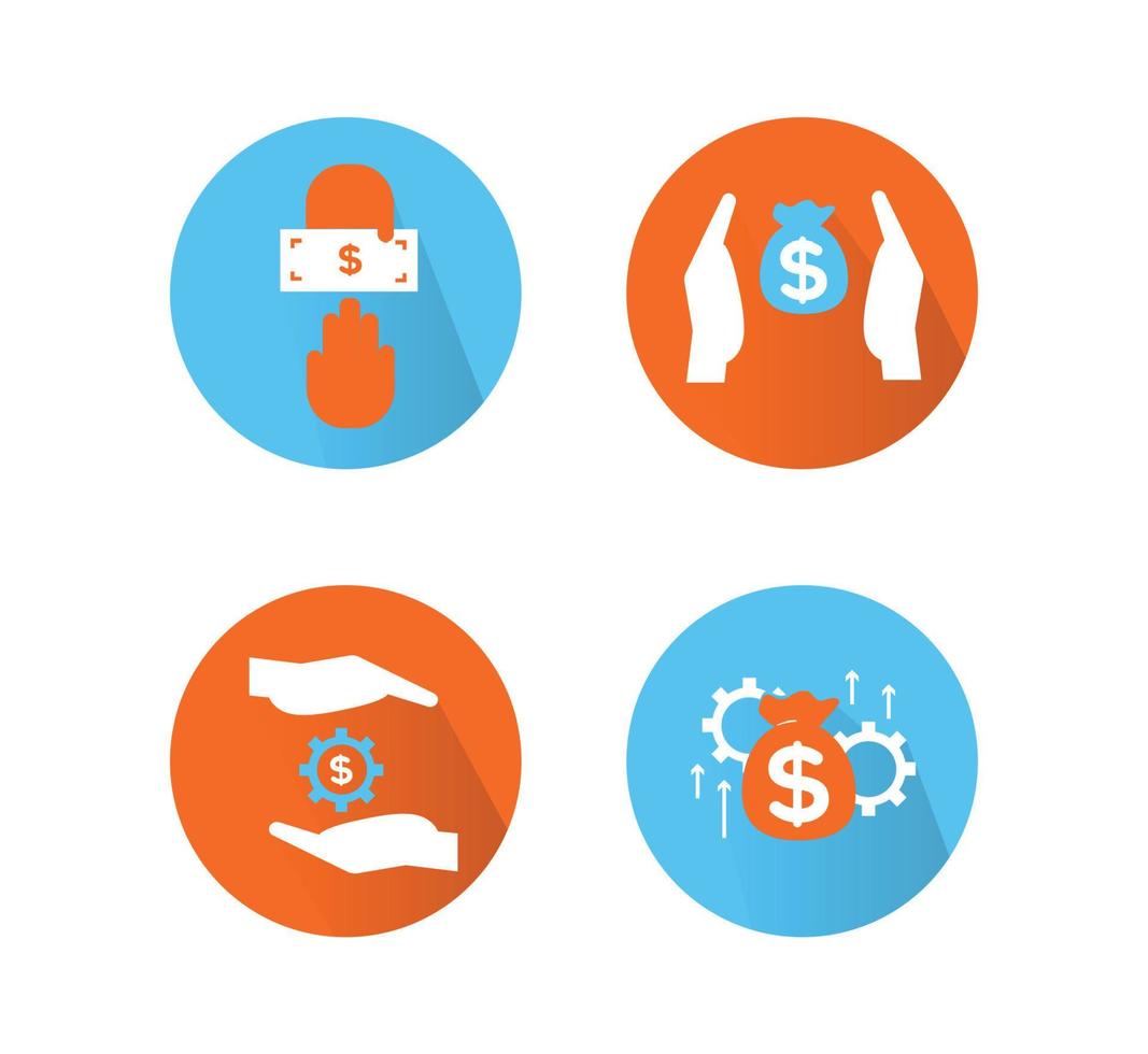 Financial services icons set. Icons asset management, wealth management, insurance, venture capital. Icons gear with a dollar between the palms, a money bag with gears and up and down arrows vector